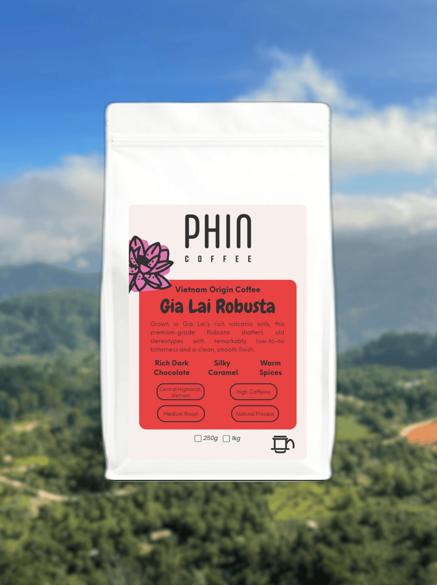 Gia Lai Robusta – Premium Robusta Coffee bag in a picturesque Vietnamese landscape, showcasing freshly roasted Vietnamese coffee.