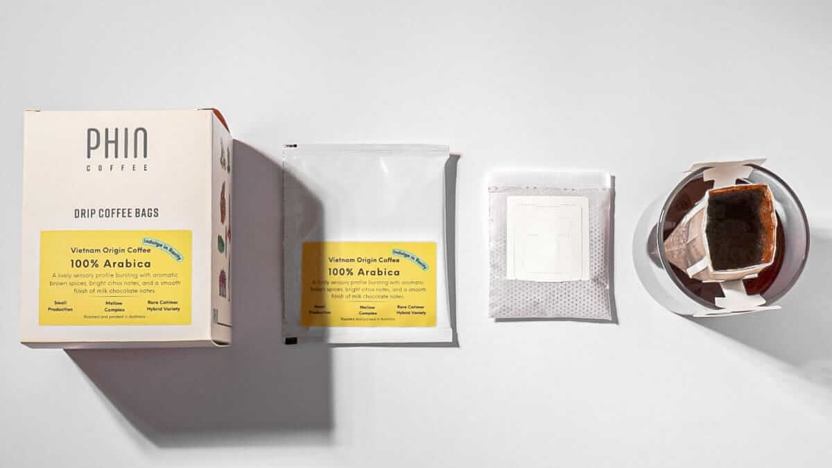 Single Origin Vietnam Arabica Drip Coffee Bags (Box of 12) displayed with brewing method and packaging.