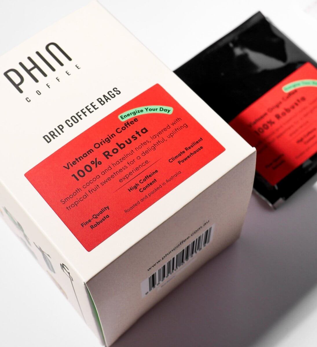 Single Origin Vietnam Robusta Drip Coffee Bags (Box of 12) packaging showcasing high-caffeine coffee bags.