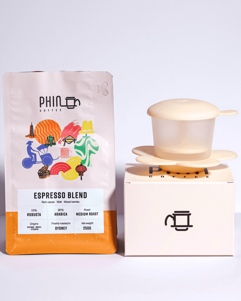 Vietnamese Coffee + Phin Filter Bundle – Save 15% with Sydney-roasted espresso blend and phin filter.