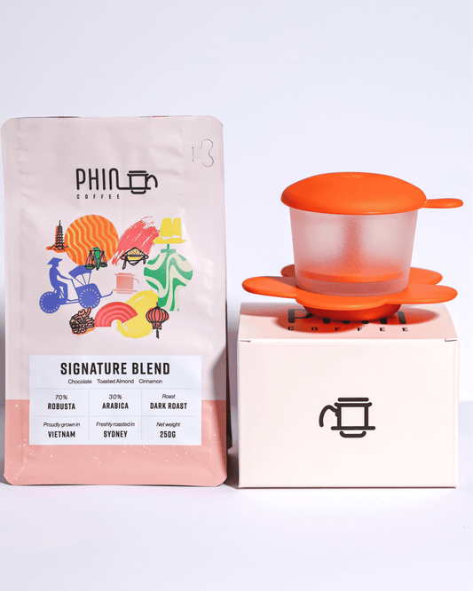 Vietnamese Coffee + Phin Filter Bundle – Save 15% with signature blend and phin filter for brewing.