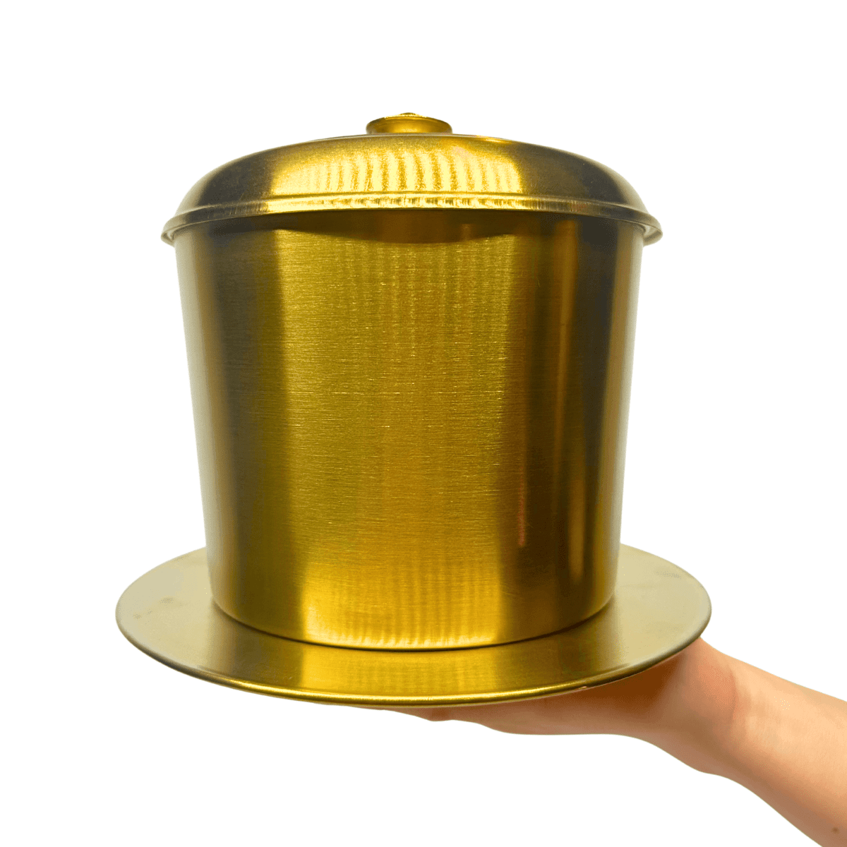 Extra Large Stainless Steel Vietnamese Phin Filter (300g capacity) held by a hand, showcasing its luxurious gold finish.