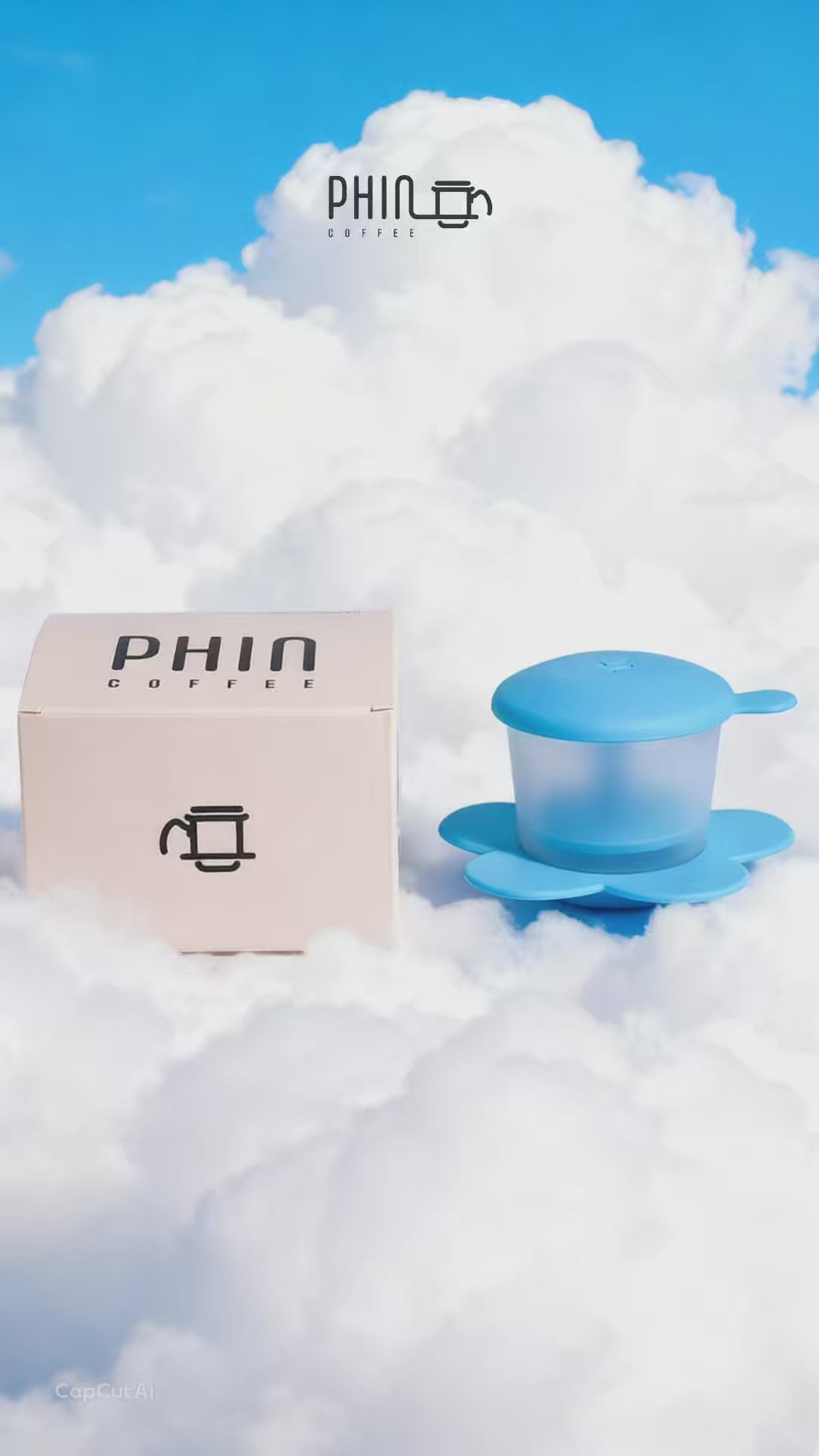 Transparent Phin Filter on clouds, perfect for brewing freshly roasted Vietnamese coffee.